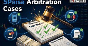 5Paisa arbitration cases summary banner showing a wooden gavel, stock trading graphs, and legal award documents
