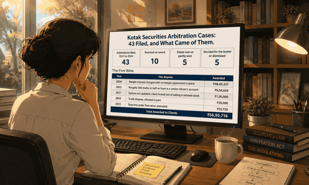 Infographic summary showing 43 Kotak Securities arbitrations filed, 10 awards reached, 5 wins, and 58.95 lakh rupees total awarded.