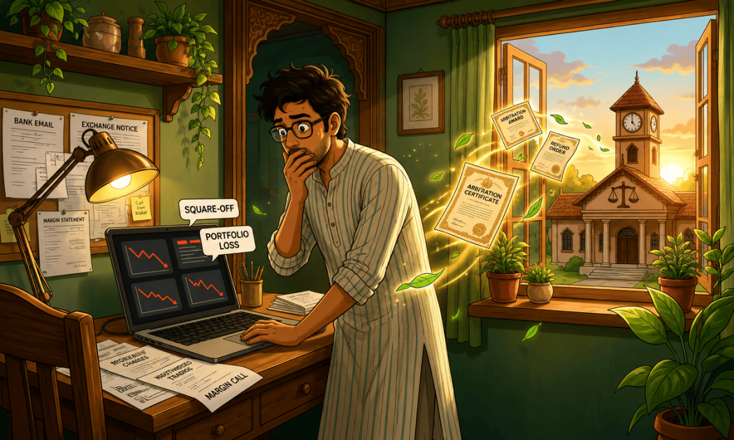 Illustration of a stressed investor looking at stock market portfolio losses from forced share square-off.