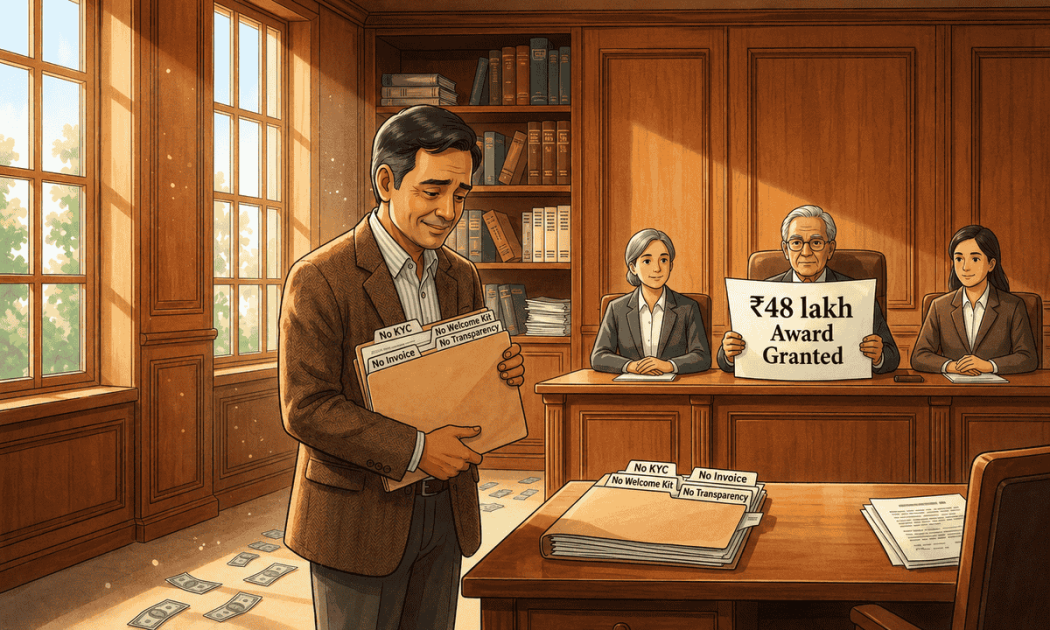 Here are the updated details for the currently selected illustration image: Alt Text: Illustration of a legal consultant seated at a desk with law books and badges displaying ₹48 lakh and ₹6.54 lakh NSE arbitration award wins against Kotak Securities.