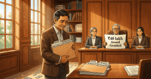 Here are the updated details for the currently selected illustration image: Alt Text: Illustration of a legal consultant seated at a desk with law books and badges displaying ₹48 lakh and ₹6.54 lakh NSE arbitration award wins against Kotak Securities.