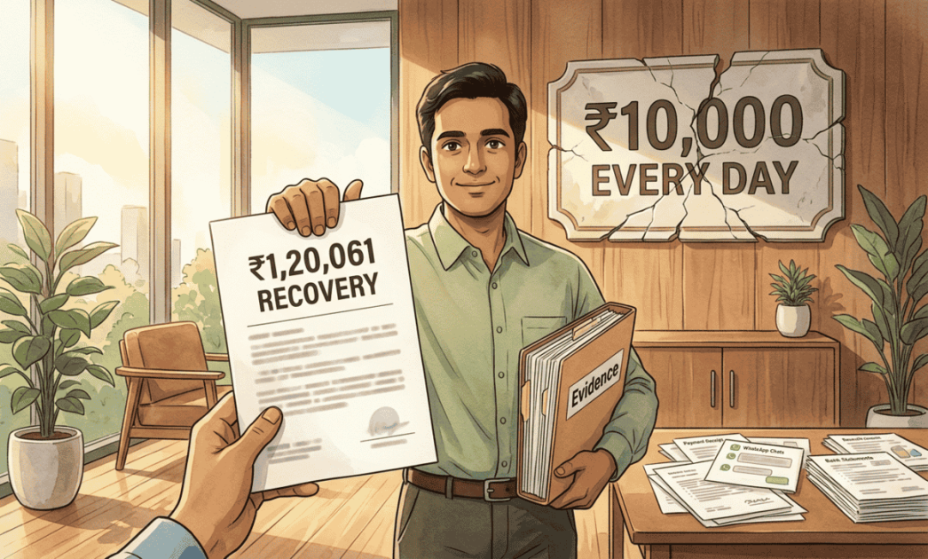 Illustration of an investor holding a ₹1,20,061 recovery order against Capital Craft Research and its ₹10,000 every day promise