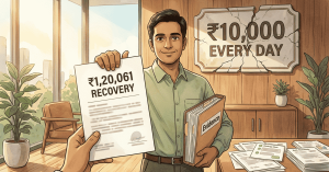 Illustration of an investor holding a ₹1,20,061 recovery order against Capital Craft Research and its ₹10,000 every day promise