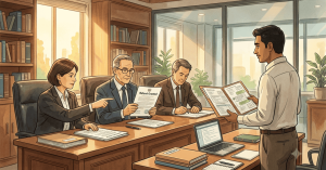 Professional consultants analyzing financial recovery documents together.