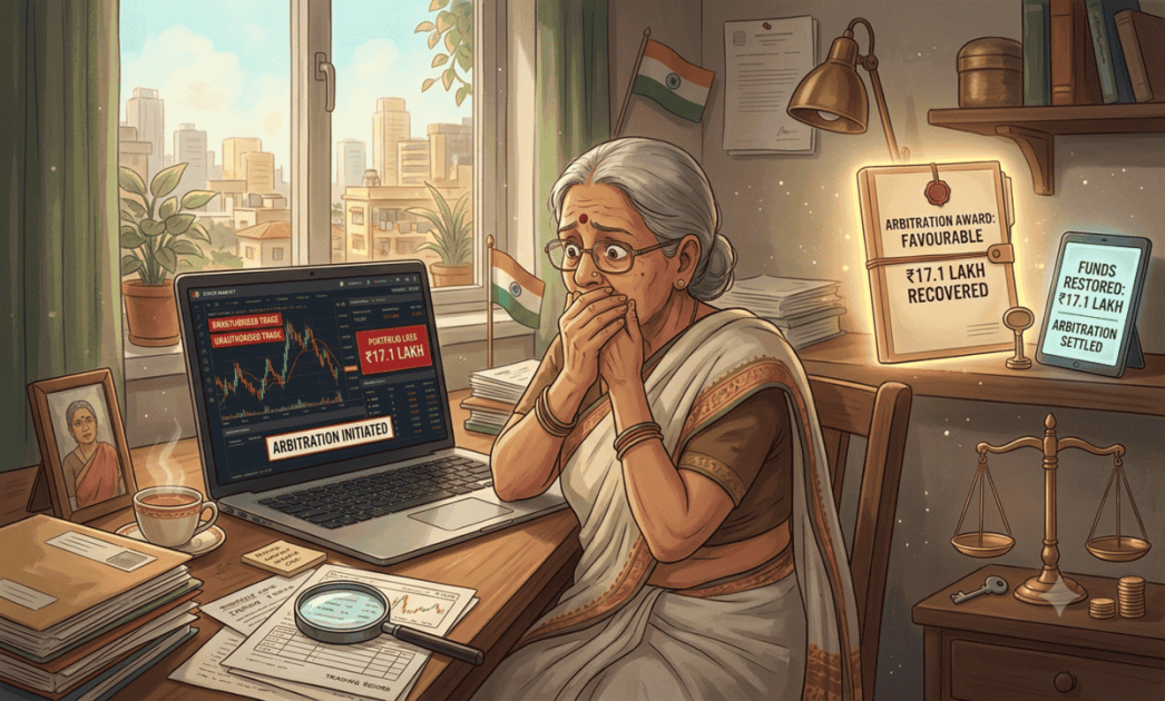 Illustration of a senior citizen investor reviewing trading account charts, legal arbitration documents, and financial loss statistics.