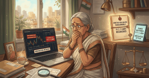 Illustration of a senior citizen investor reviewing trading account charts, legal arbitration documents, and financial loss statistics.