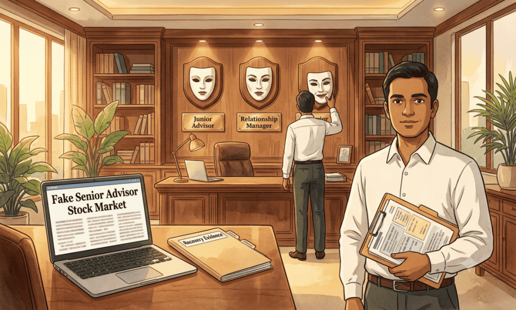 Illustration representing a stock market scam setup with multiple mobile screens and warning elements.