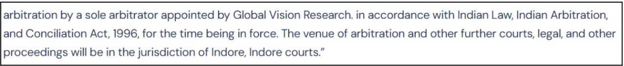 Global Vision Research arbitration clause specifying a sole arbitrator appointed by the firm.