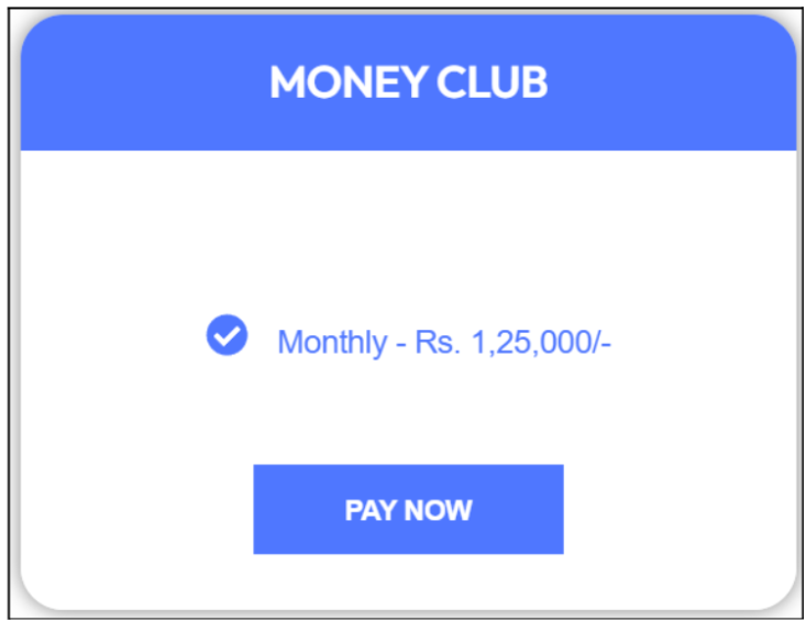 Global Vision Research Money Club plan pricing screenshot showing ₹1,25,000 per month fee.