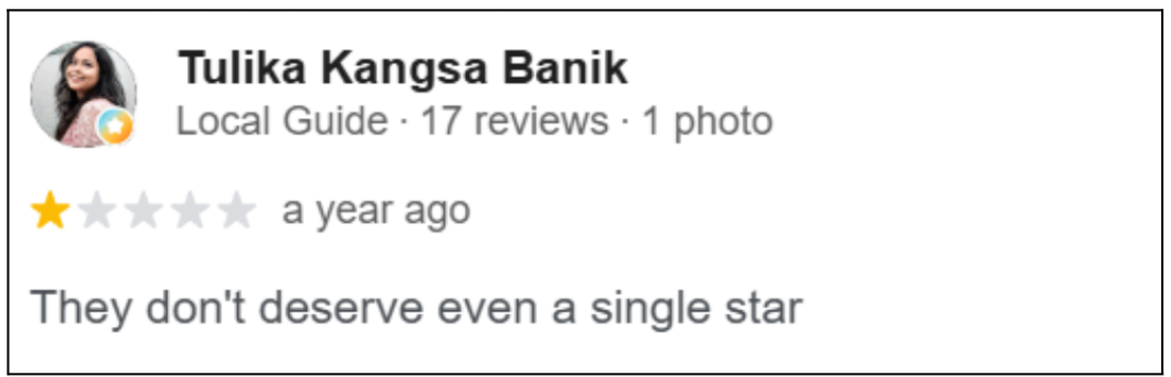 Tulika Kangsa Banik one-star Google review of Global Vision Research