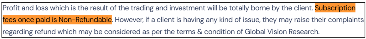 Terms and Conditions page showing strict non-refundable fee clause for Global Vision Research.