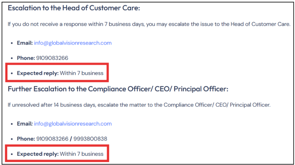 Global Vision Research grievance page showing incomplete response timeline text cutting off mid-sentence.