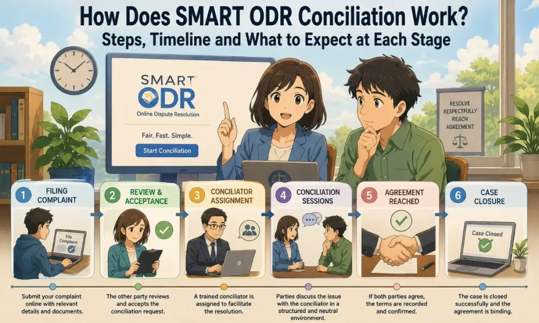 illustration of a worried consumer using the SMART ODR portal while facing a rejected or stuck complaint, with visual elements representing document issues, complaint status, and practical solutions.