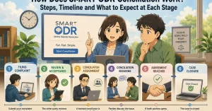 illustration of a worried consumer using the SMART ODR portal while facing a rejected or stuck complaint, with visual elements representing document issues, complaint status, and practical solutions.
