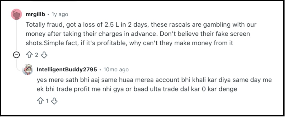 Reddit thread on a ₹2.5 lakh loss in two days on Inspire Algo Research