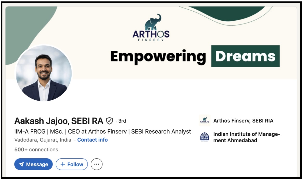 Aakash Jajoo's LinkedIn profile showing his headline as CEO at Arthos Finserv and SEBI Research Analyst