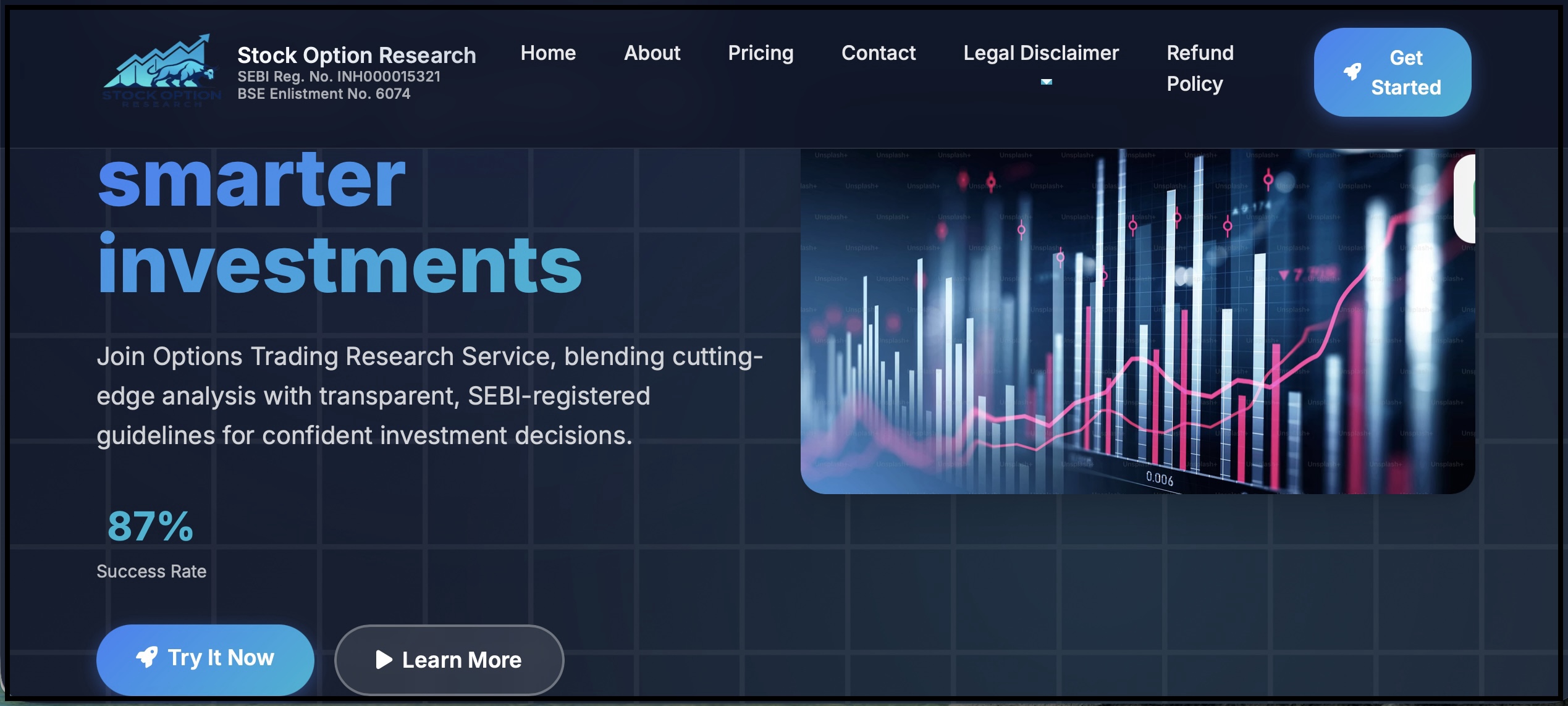 Homepage screenshot of Stock Option Research showing an unverified 87% success rate claim banner.
