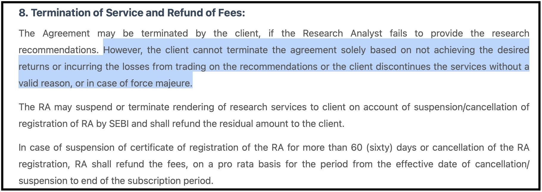 Stock Option Research refund terms snippet stating clients cannot request refunds due to trading losses or poor advice.