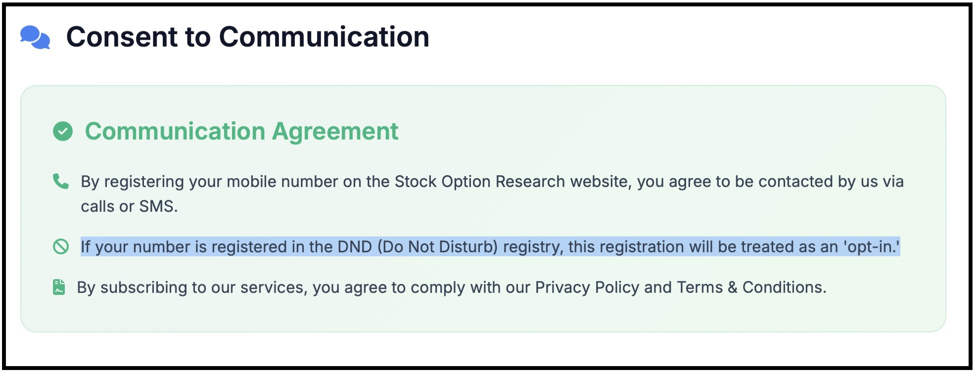 Screenshot of Stock Option Research communication agreement stating DND registered numbers will be treated as an opt-in.