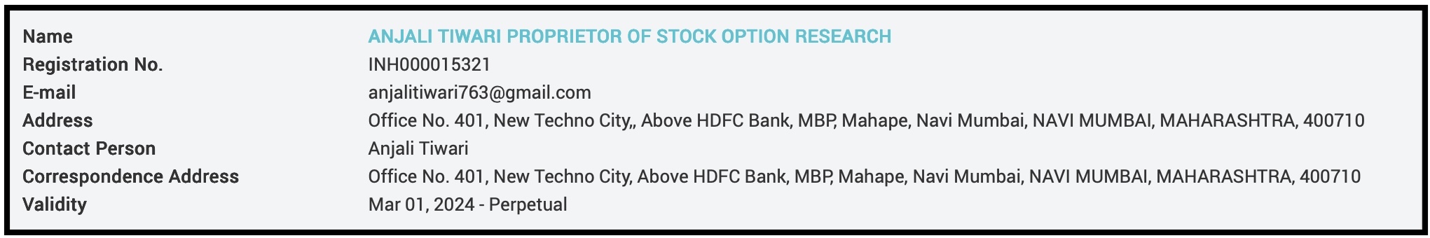 Official SEBI registration details of Anjali Tiwari, proprietor of Stock Option Research under registration number INH000015321
