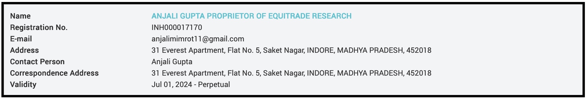Equitrade Research SEBI Registration Details