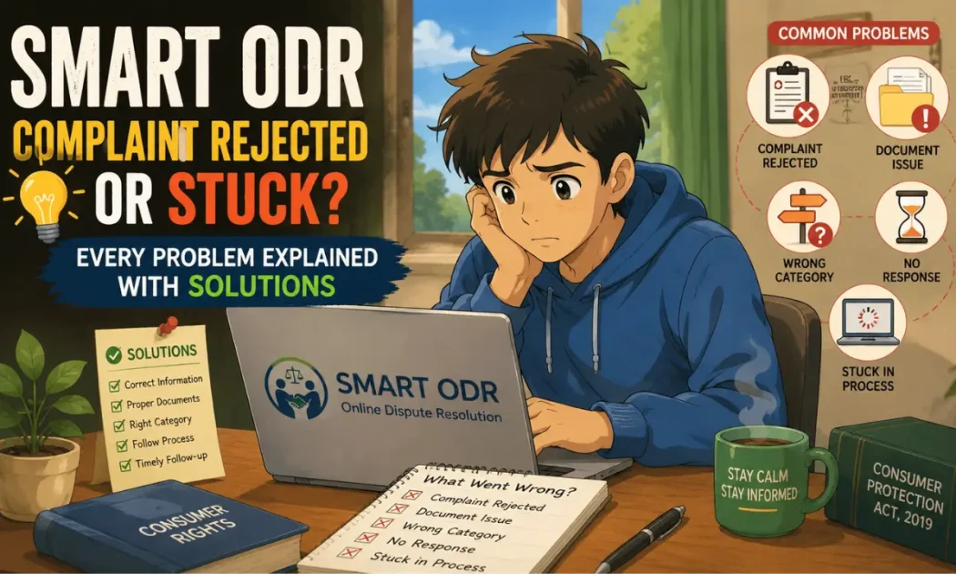 illustration of a worried consumer using the SMART ODR portal while facing a rejected or stuck complaint, with visual elements representing document issues, complaint status, and practical solutions.
