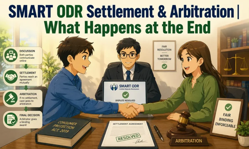 illustration showing two parties reaching a settlement through SMART ODR with an arbitrator overseeing the process and a final agreement being signed.