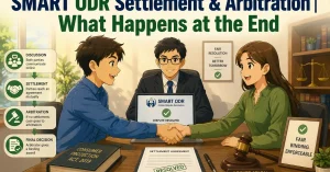 illustration showing two parties reaching a settlement through SMART ODR with an arbitrator overseeing the process and a final agreement being signed.