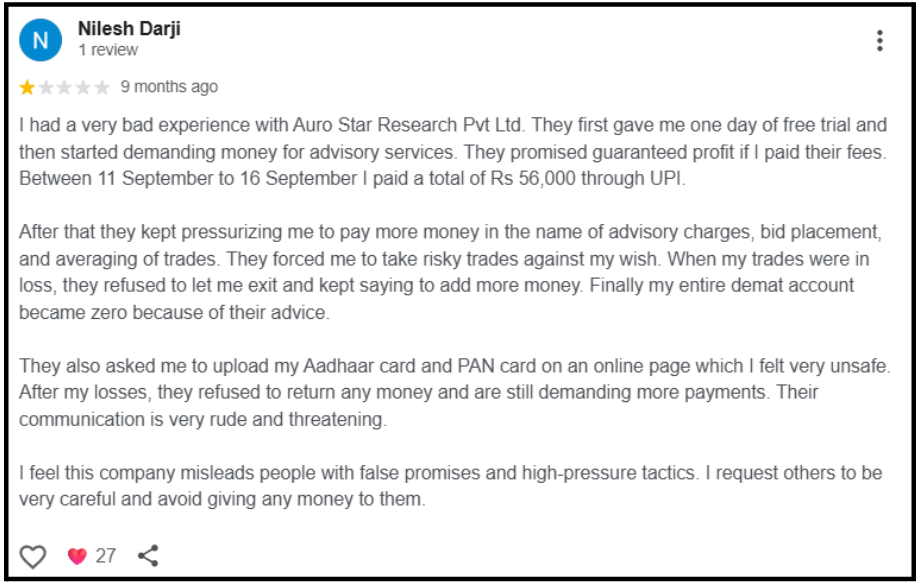 aurostar investment advisory services reviews in india