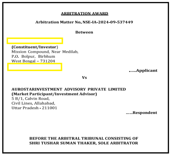 arbitration case against aurostar investment advisory services
