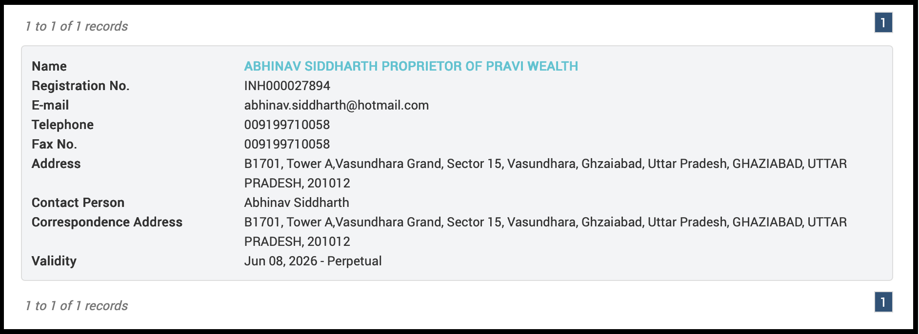 Official SEBI Research Analyst registration details for Pravi Wealth owned by Abhinav Siddharth, showing registration number INH000027894 and validity date.