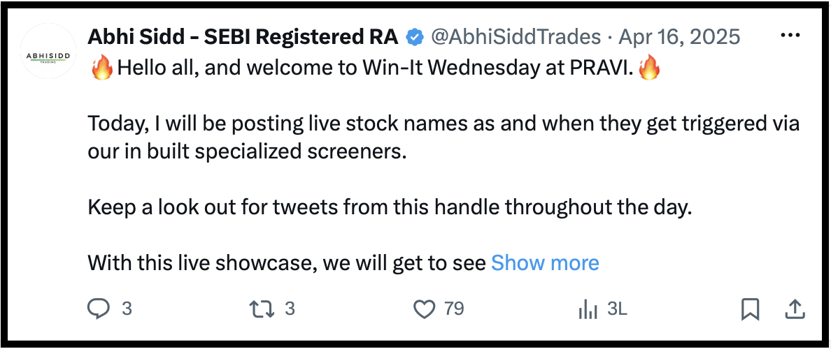 Screenshot of X account @AbhiSiddTrades displaying the display name "Abhi Sidd, SEBI Registered RA" prior to the official June 2026 registration date.
