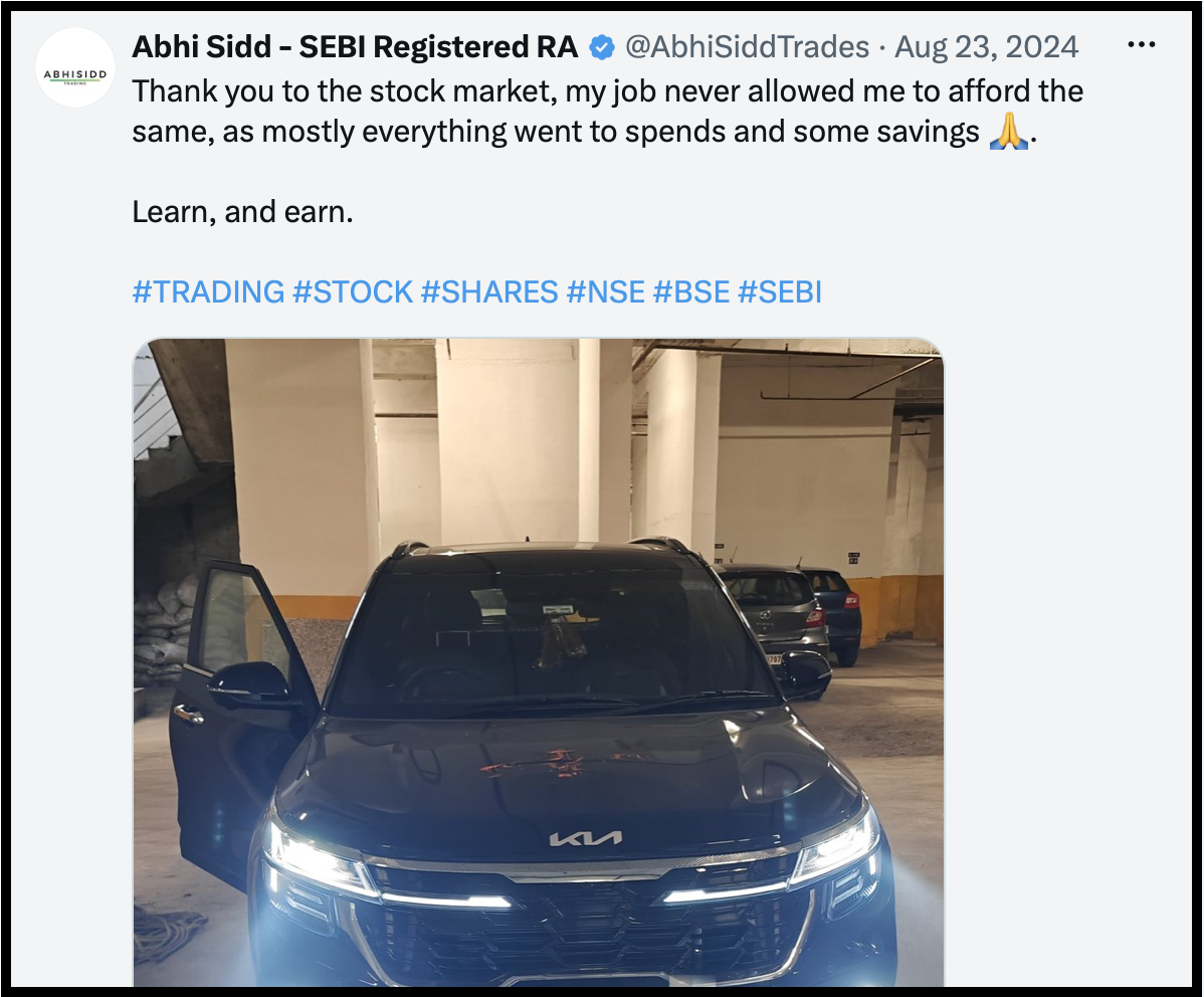 Social media post from @AbhiSiddTrades featuring a Kia car with a caption attributing the purchase to stock market profits under the SEBI Registered RA label.