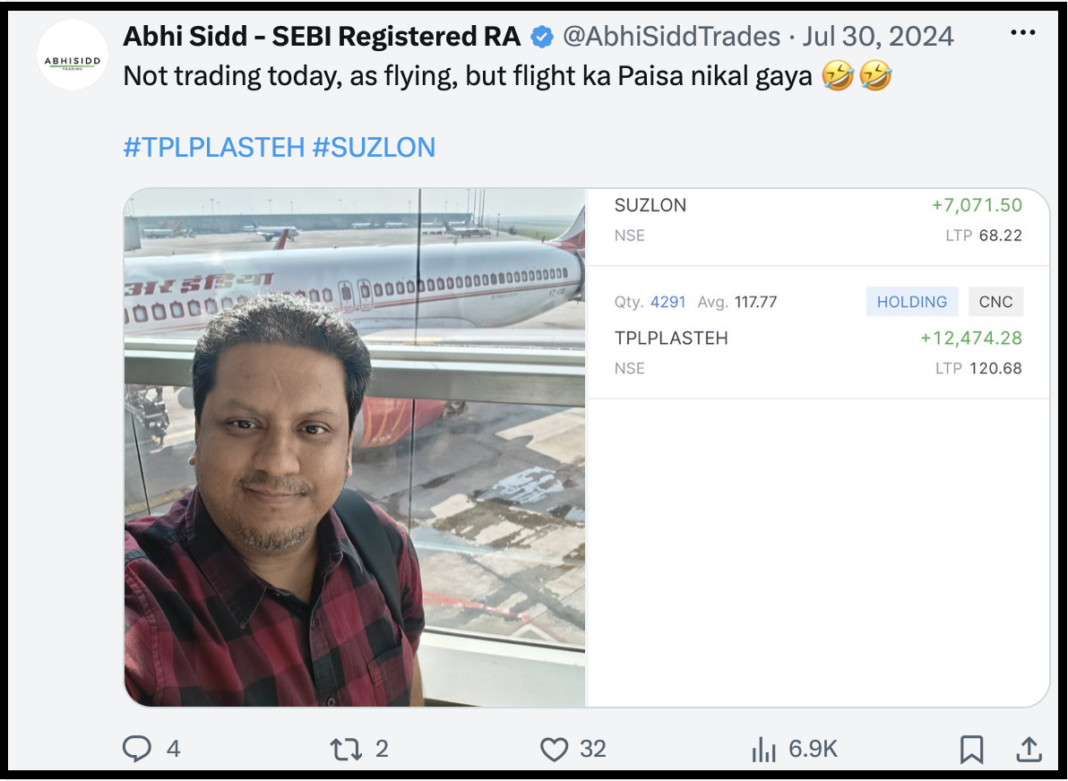 Screenshots of social media posts from @AbhiSiddTrades showcasing successful trading results and profit screenshots.