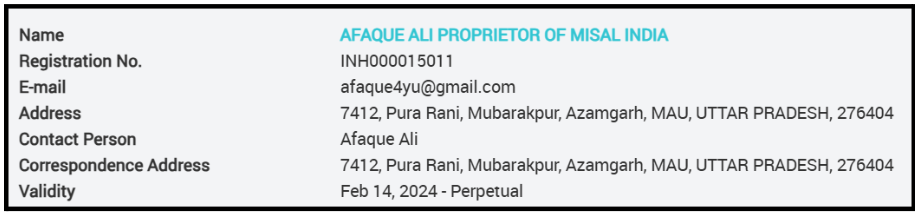 Afaque Ali sebi registration