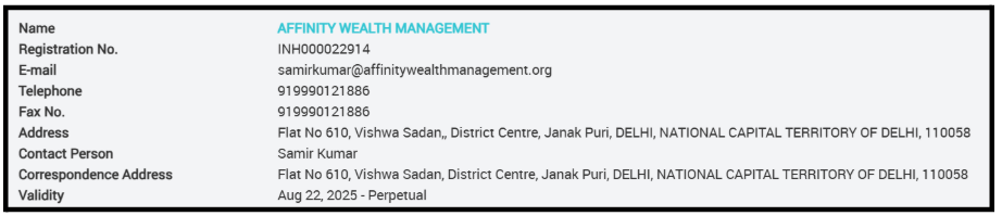 Affinity Wealth Management SEBI RA registration details showing license number INH000022914