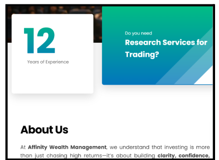 Affinity Wealth Management website banner claiming 12 years of trust and market experience