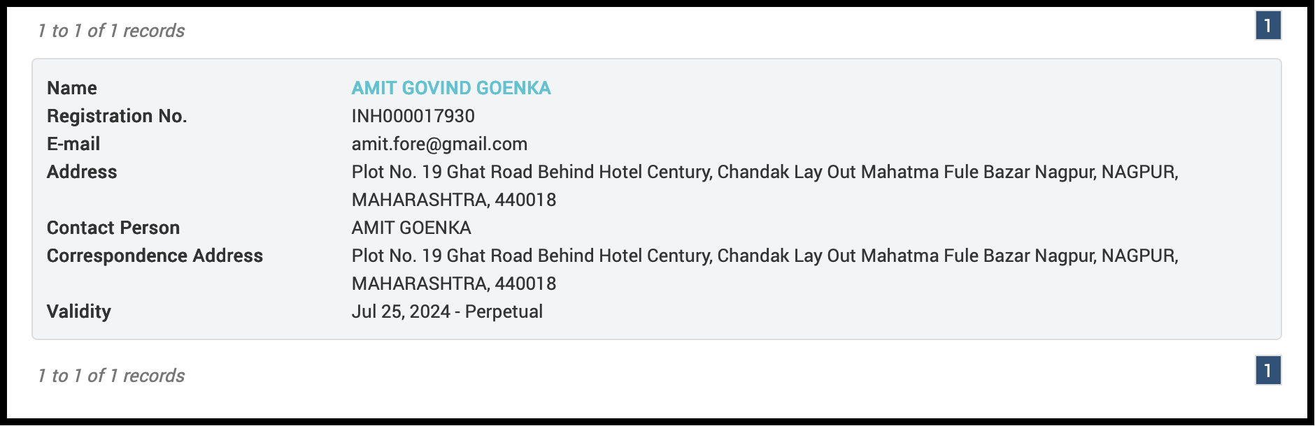 amit govind goenka sebi registration number