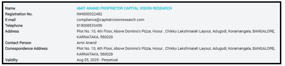 is capital vision research sebi registered