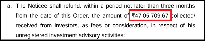 Close-up text from the SEBI order directing the refund of fees or consideration.