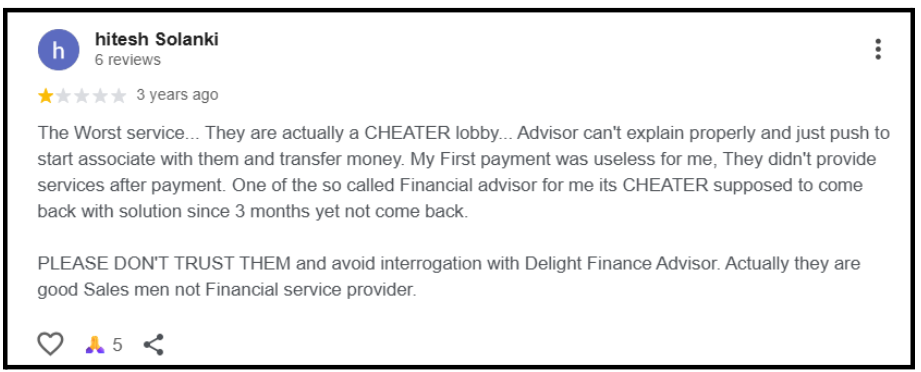 delight financial services poor service review
