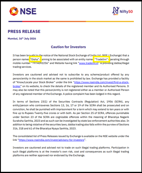Official NSE press release cautioning investors against TradeInn dabba trading app and illegal services.
