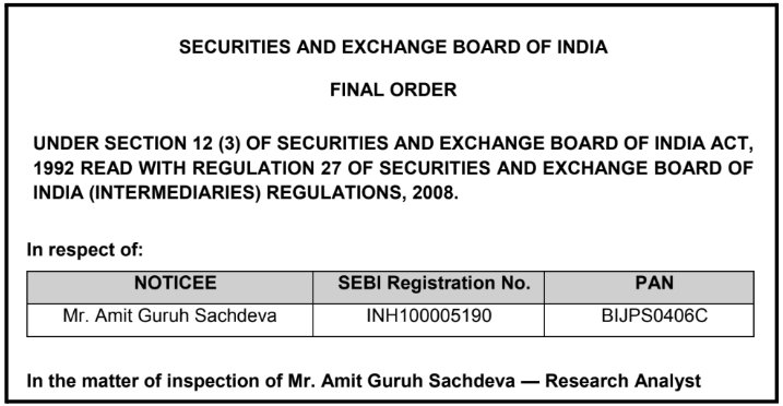 Official SEBI final order document snippet showing the case against Amit Guruh Sachdeva.