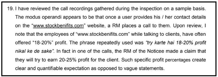 SEBI order transcript excerpt showing relationship managers promising 18-20% profit on stockbenefits.com.