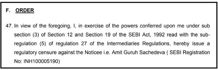 SEBI order section citing Section 19 of the SEBI Act and Regulation 27 of Intermediaries Regulations against Amit Guruh Sachdeva.