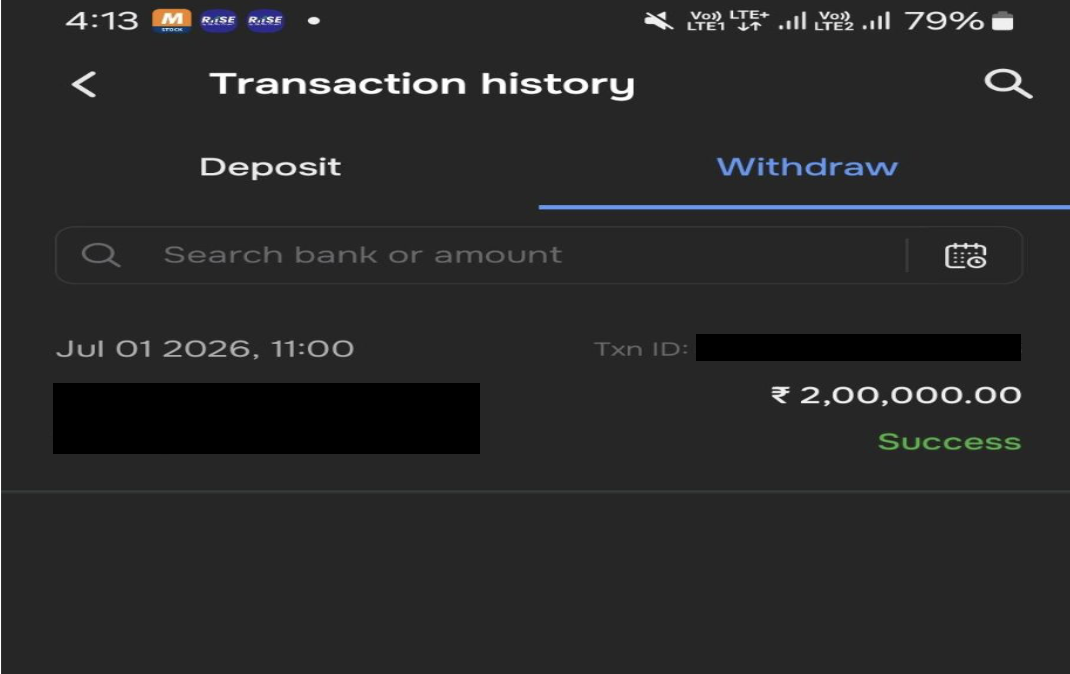 Proof of ₹2,00,000 refund transaction history for unauthorized broker trading recovery case.
