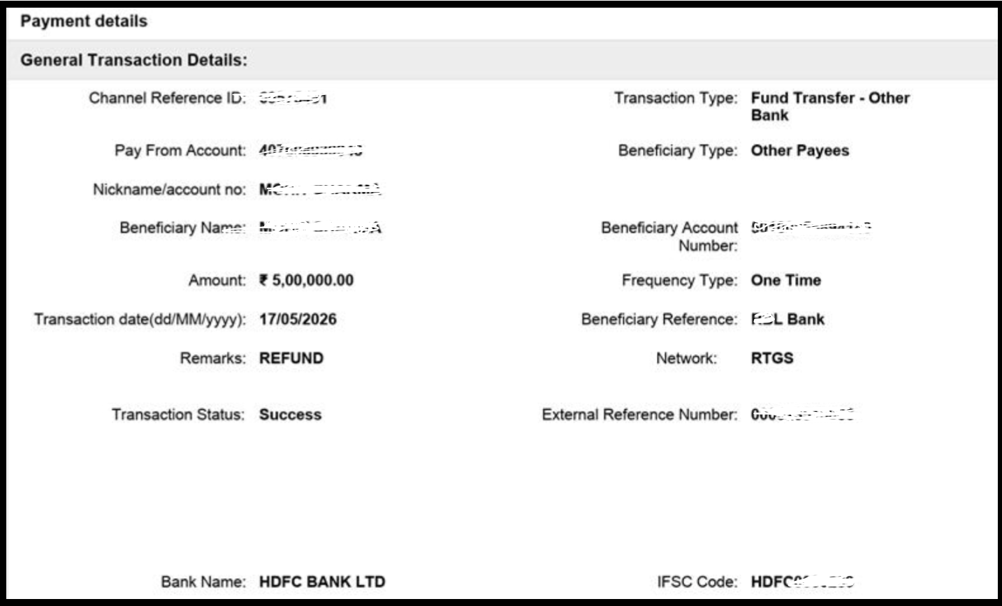 Bank receipt showing a successful 5,00,000 rupee refund via RTGS from a stock advisory firm.