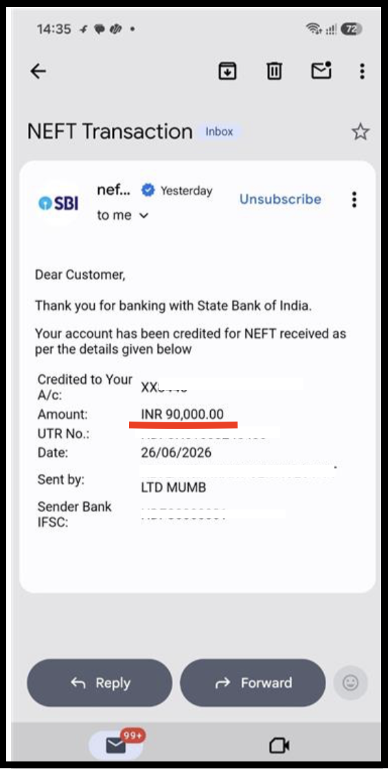 A notification confirming a successful ₹90,000 partial refund of stock advisory fees.