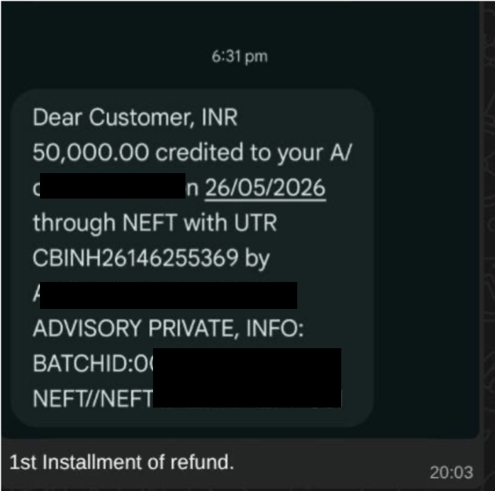 ext message notification showing a 50,000 rupee partial refund payment from an advisory firm.