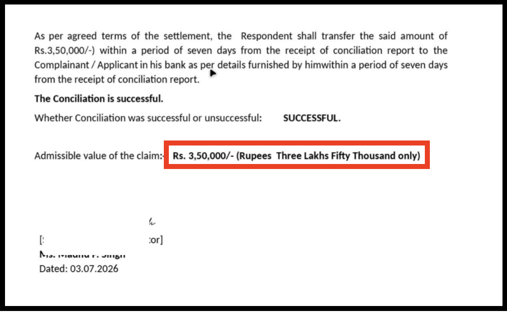 SMART ODR formal document showing an approved stock advisory refund order amount highlighted in red.